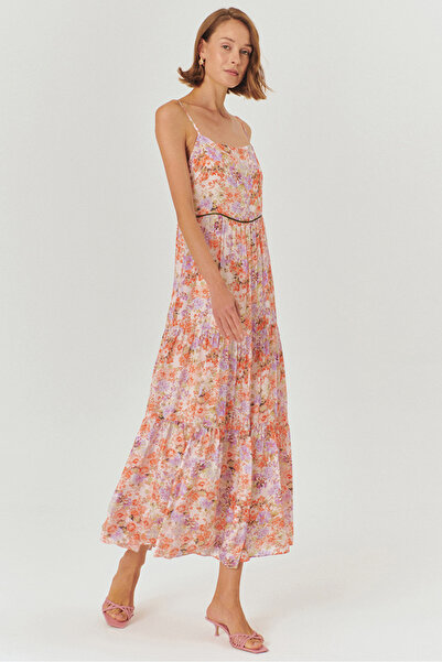 Exquise Çiçek Desenli Askılı Midi Elbise
