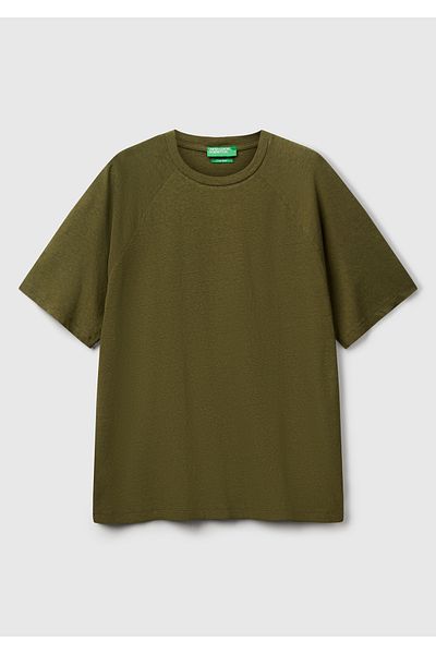 United Colors of Benetton Ανδρικό μπλουζάκι με μανίκια χακί βαμβακερό και λινό με μείγμα Raglan Relax Fit