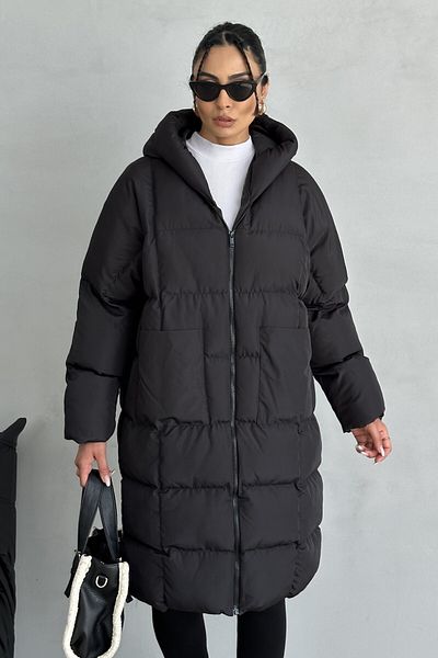 moda armanc Palton lung puf negru cu glugă pentru femei - oversize