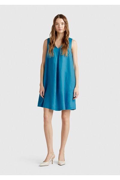 United Colors of Benetton Women's Blue 100% Linen Side Zipper A-Line V-Neck Short Dress