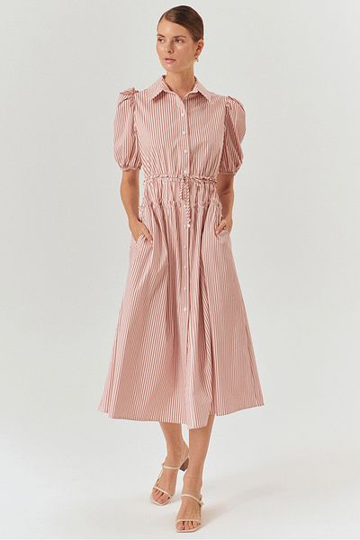 Exquise Balloon Sleeves Waist Seat Cotton Midi Length Shirt Dress