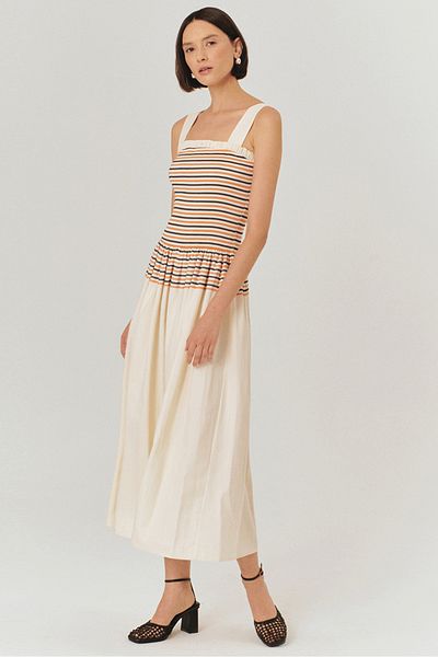 Exquise Stripe Patterned Pleated Strap Dress
