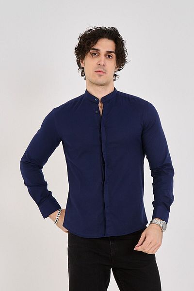 jack carisma Ανδρικό βαμβακερό πουκάμισο Navy Blue Slim Fit Judge Collar - Κρυφή Πατιλέτα