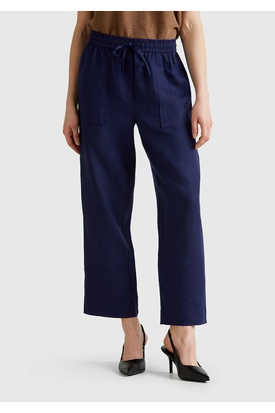 United Colors of Benetton Women's Navy Blue 100% Linen Drawstring Pocket Trousers