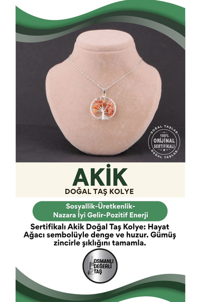 OSMANLI DEĞERLİ TAŞ Sertifikalı Akik Doğal Taş Hayat Ağacı Gümüş Zincirli Kol...