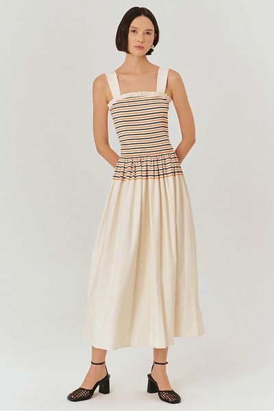 Exquise Stripe Patterned Pleated Strap Dress