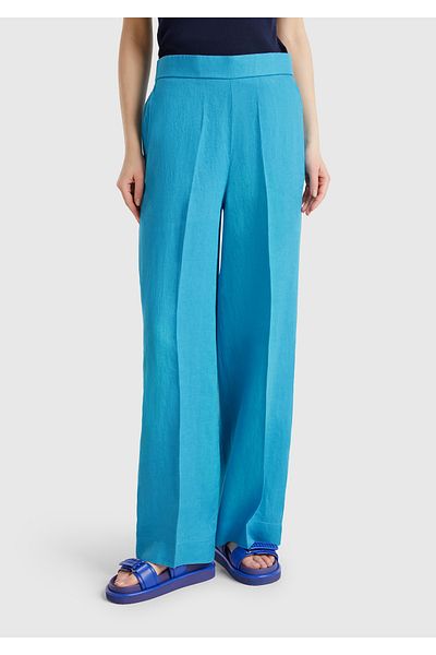United Colors of Benetton Women's Blue 100% Linen Palazzo Trousers with Side Pockets and Elastic Back Waist