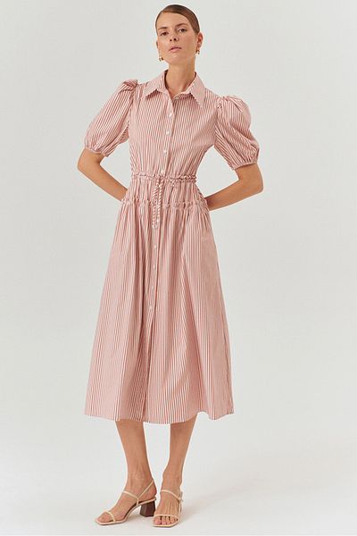 Exquise Balloon Sleeves Waist Seat Cotton Midi Length Shirt Dress