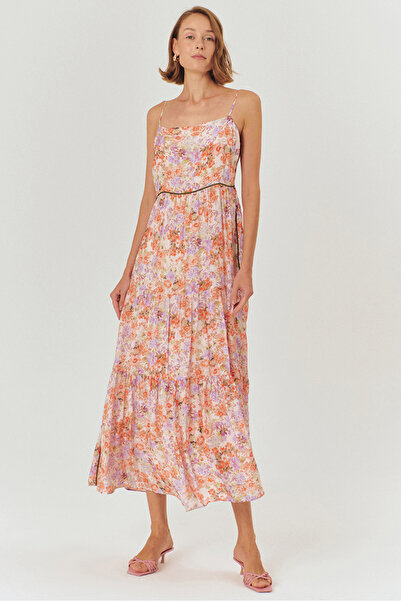 Exquise Çiçek Desenli Askılı Midi Elbise