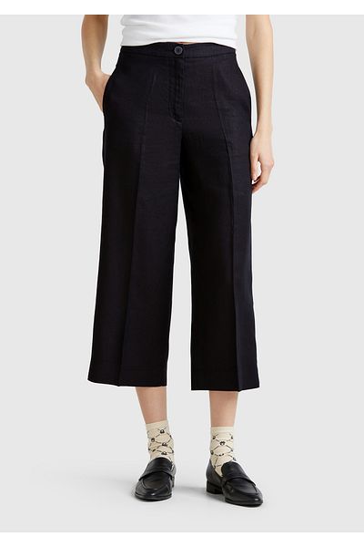 United Colors of Benetton Women's Black 100% Linen Buttoned Zippered Flared Trousers with Cut-Out Legs