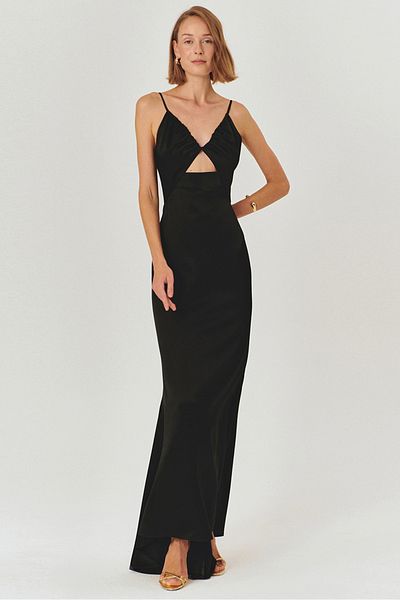 Exquise Strappy A-Line Regular Fit Black Satin Maxi Dress