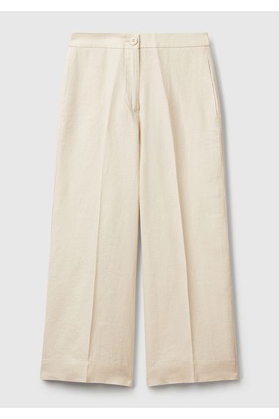 United Colors of Benetton Women's Stone Color 100% Linen Buttoned Zippered Flared Trousers with Cut Legs