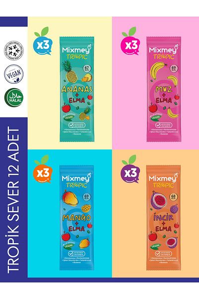 mixmey Tropical Lover Fruit Bar 12 Pieces |   Healthy Snacks – Vegan, Gluten Free (20Gr X 12 Pieces)