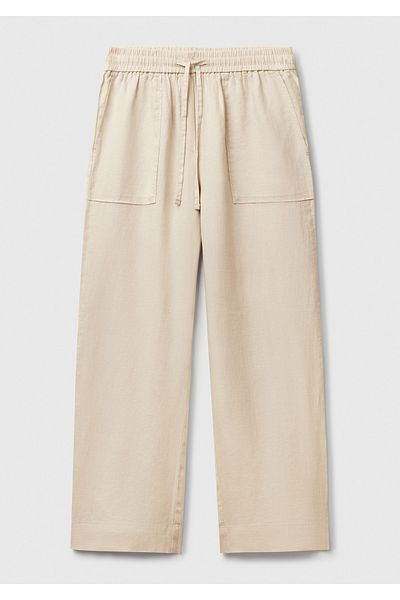 United Colors of Benetton Women's Stone Color 100% Linen Drawstring Pocket Trousers