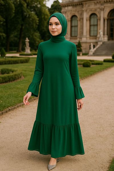 Neva Style Зелена рокля хиджаб с волани на ръкави 5729y