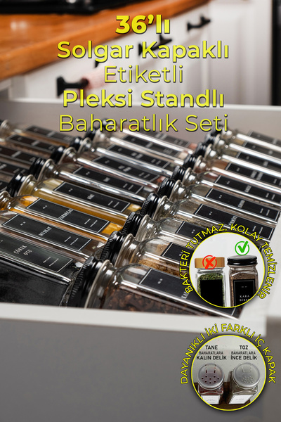 Mienda Home 36'lı Şeffaf Pleksi Standlı Cam Baharatlık Seti Siyah Kapak Ve Et...