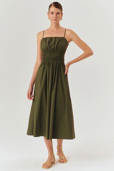 Exquise A-Line Khaki Dress with Gather Detail and Waist Fitting