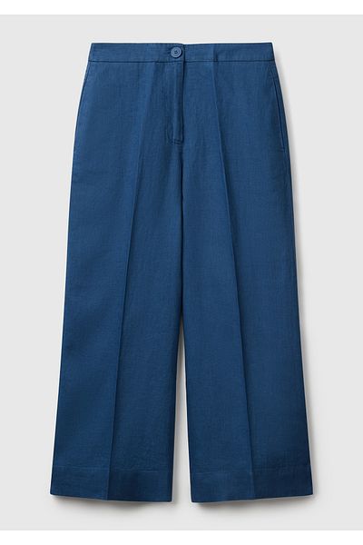 United Colors of Benetton Women's Denim 100% Linen Buttoned Zippered Cut-Out Flared Trousers