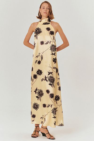 Exquise Halter Neck Floral Patterned Floss Fabric Midi Length Dress