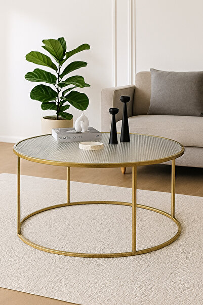 DEKOPRATİK Berlin Nervürlü Camlı Gold 80cm - Metal Çerçeveli Cam Yuvarlak Ort...