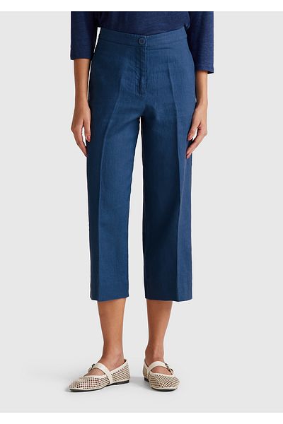 United Colors of Benetton Women's Denim 100% Linen Buttoned Zippered Cut-Out Flared Trousers