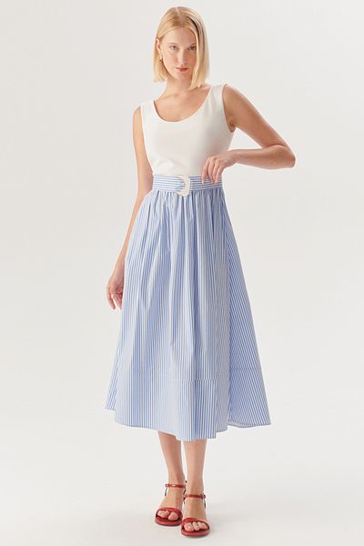 Exquise Striped Regular Midi Dress with Buckle Waist