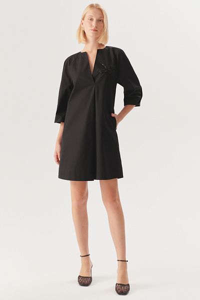 Exquise Embroidery Detailed V Neck Black Regular Mini Dress