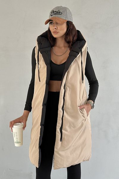 moda armanc Vestă lungă pufosă pe două fețe pentru femei, cu glugă oversize - negru, bej