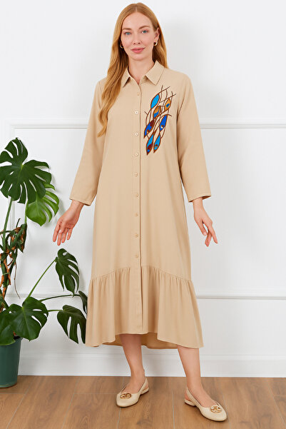 MORESUN , Wide Fit Fish Embroidered Shirt Collar Viscose Women's Dress