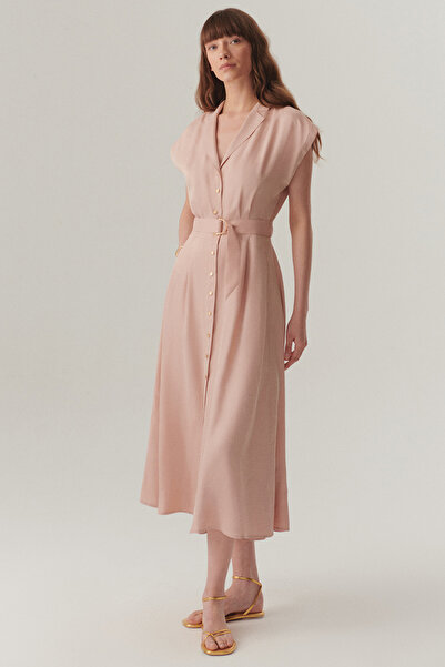 Exquise Sleeveless Front Buttoned Belted Modal Fabric Midi Pink Dress