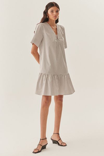 Exquise Pleated Relaxed Cut Striped Cotton Dress with Buckle Detail at the Neck