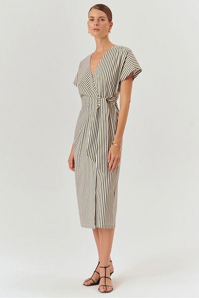 Exquise Stripe Patterned Double Breasted Model Cotton Midi Length Dress