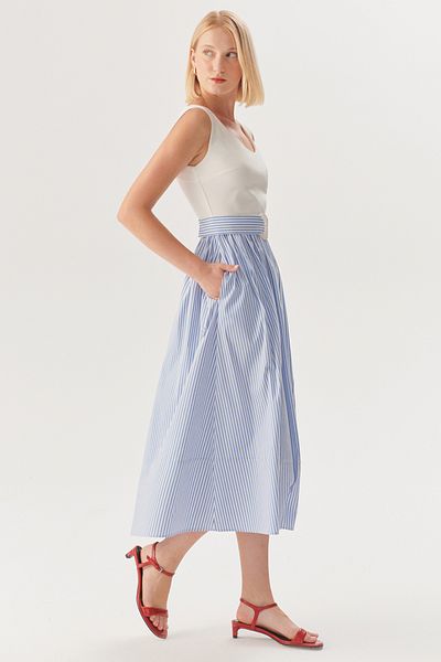 Exquise Striped Regular Midi Dress with Buckle Waist