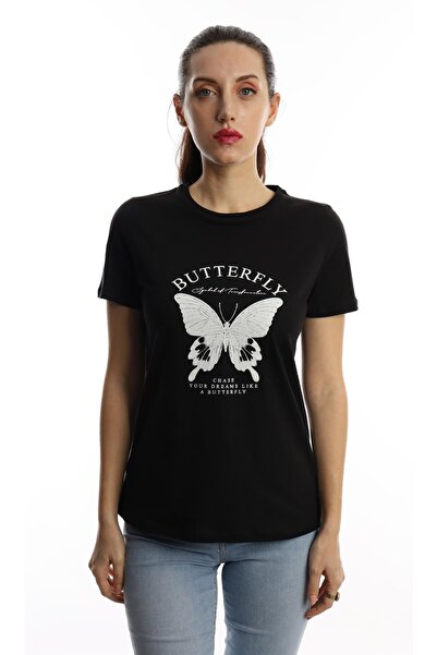 Polo State Tricou de damă cu decolteu rotund cu imprimeu fluture, negru