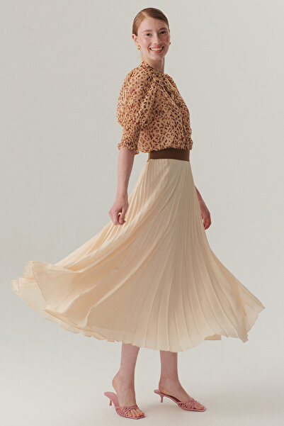 Exquise Beli Lastikli Düz Kesim Pileli Midi Boy Etek