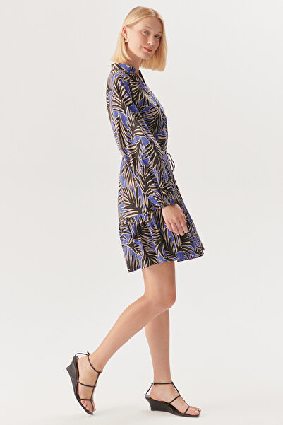 Exquise Bağcık Detaylı Yaprak Desenli Rahat Kesim Pamuklu Mini Elbise