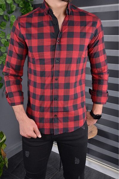 jack carisma Slim Fit Black-Burgundy Check Cotton Flexible Collar with Buttons