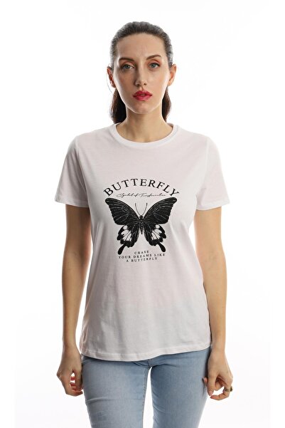 Polo State Tricou de damă cu imprimeu fluture cu decolteu rotund, alb