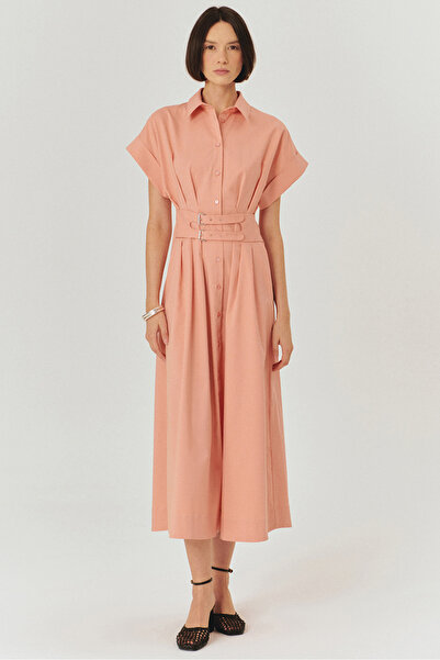 Exquise Low Sleeve Belt Detail Midi Length Cotton Shirt Dress