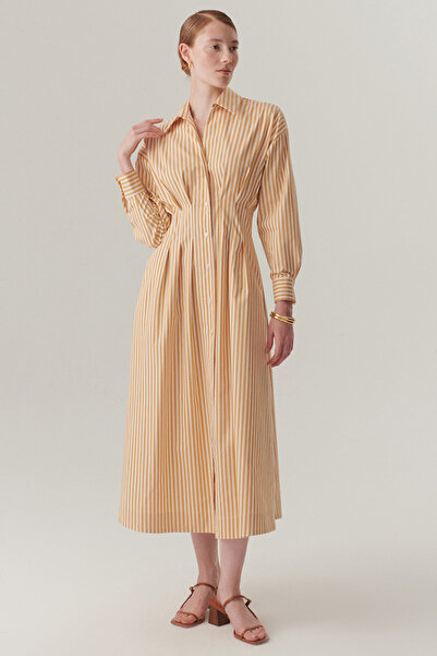 Exquise Striped Regular Midi Shirt Dress with Waistband
