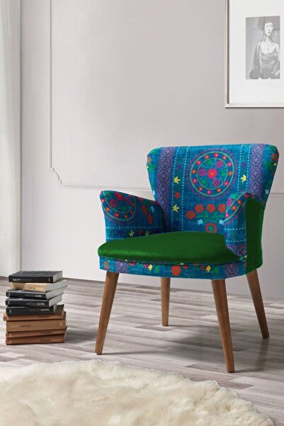 Azra Aksesuar Berjer - Tekli Koltuk - Etnik Desen - Ahşap Ayak - Yeşil 2