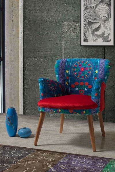 Azra Aksesuar Berjer - Tekli Koltuk - Etnik Desen - Ahşap Ayak - Kırmızı