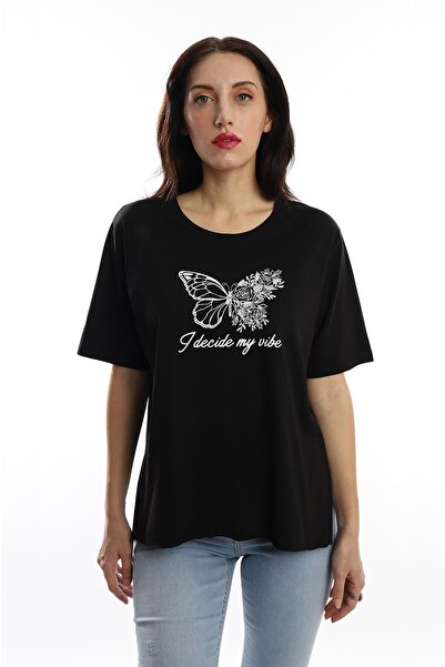 Polo State Tricou negru oversize pentru femei - decolteu și imprimeu fluture