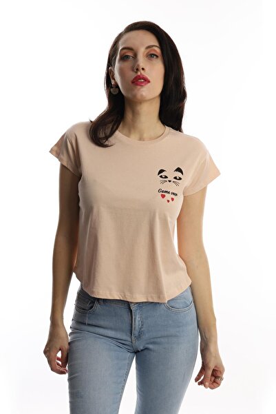 Polo State Tricou de damă bej - decolteu, imprimeu Game Over Cat, croială normală