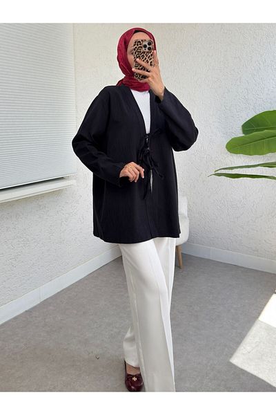 Modamorfo Kimono din in cu trei șireturi în față - negru