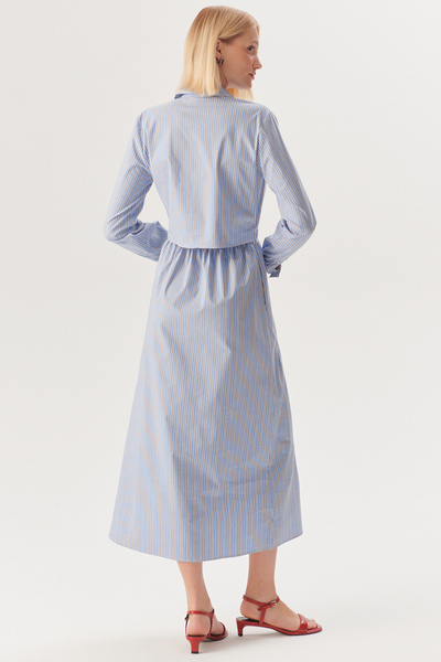 Exquise Beli Lastikli Çizgili Regular Midi Elbise