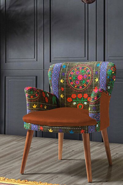 Azra Aksesuar Berjer - Tekli Koltuk - Etnik Desen - Ahşap Ayak - Bakır