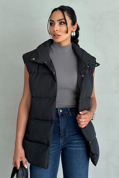 moda armanc Women's Flounce Pocket Snap Collar Long Puffer Vest