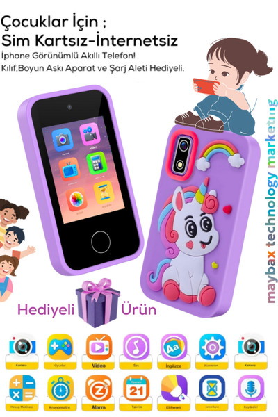Maybax Mor Sim Kartsız Internetsiz Akıllı Çocuk Telefonu Çift Kamera Müzik Eğitici Oyun Kılıf,askı Hediye