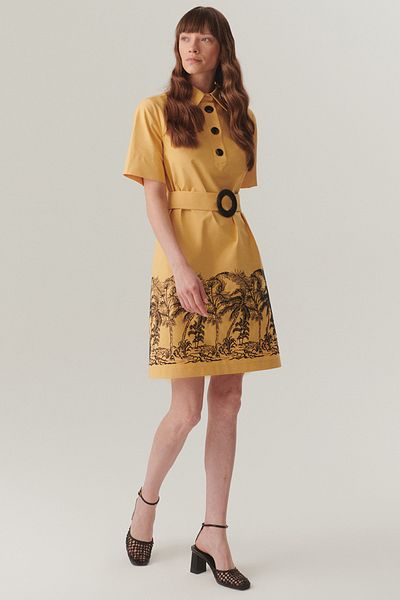 Exquise Shirt Collar Belted Skirt Ends Pattern Cotton Above Knee Dress